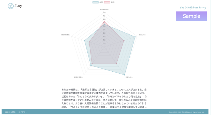受講者用の効果測定結果サンプル画面(レーダーチャート)